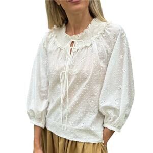 Loretta Caponi Zita Broderie Anglaise Peasant Blouse in Flowery Plumetis XS